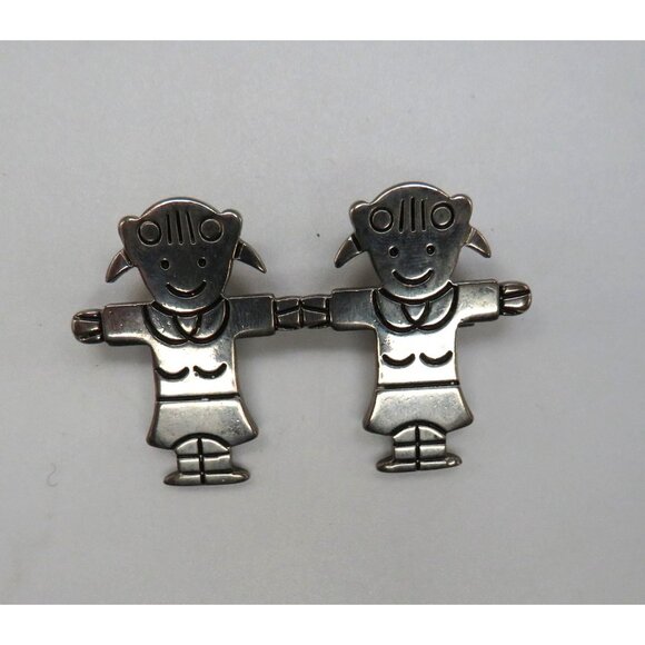 Best Brooch Pendant Twin Girls Sisters Doll 1.75" Silver Tone Pin Vintage - Picture 5 of 12